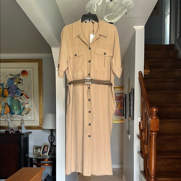 🎤🎉 Zara Beige Button Down Shirt Dress with Belt Sz XL - Picture 7 of 16